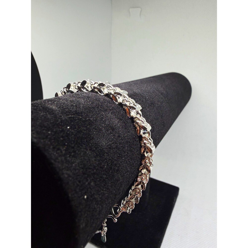 925 Silver Tone Floral Flower Link Bracelet with Clasp, No Stone
